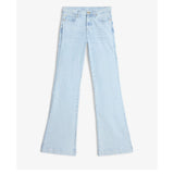 A mid-rise wide-leg light wash jean with pink 7 stitched on back pockets