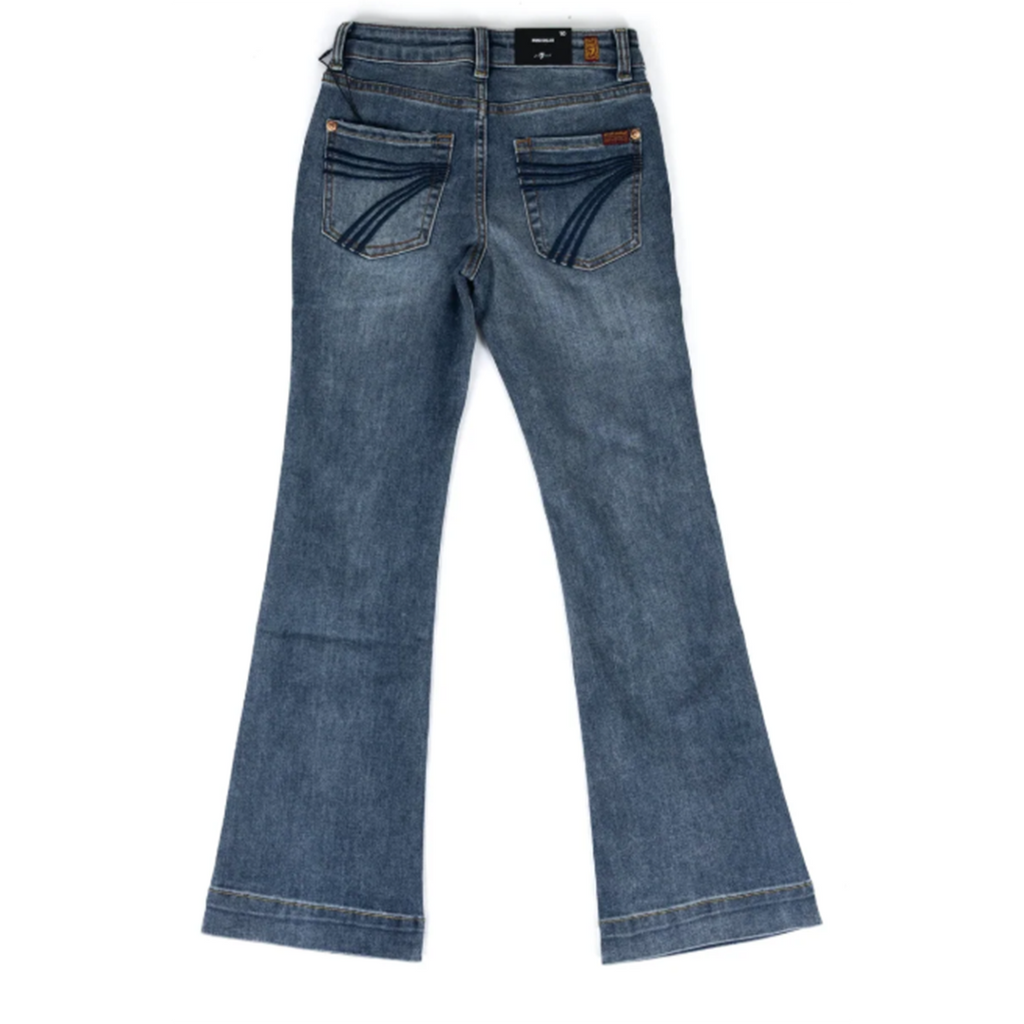 GIrls 7 for al mankind jean, flare leg, blur stitching on pockets