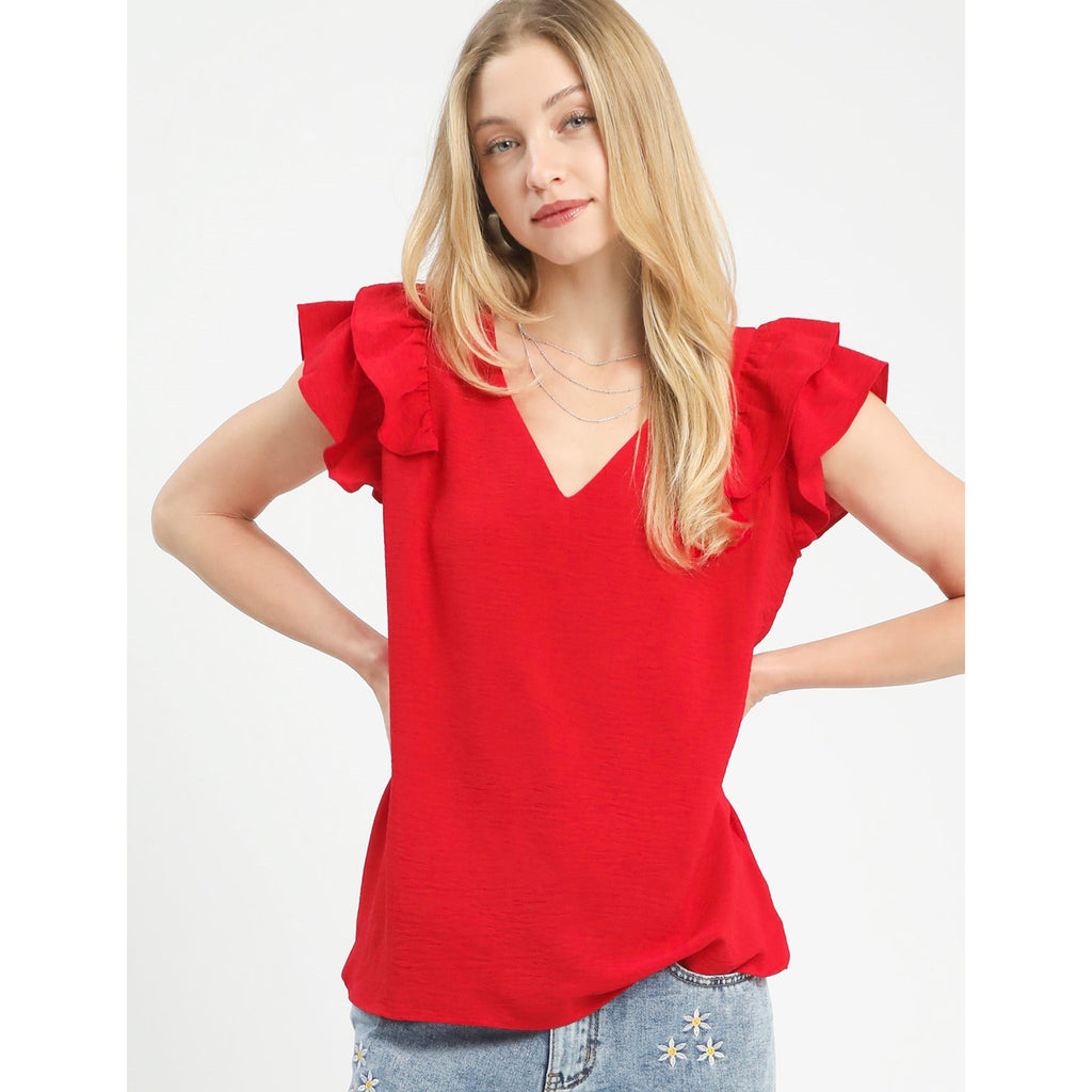 Women Wearing a Solid Red Double Ruffle Short Sleeve Blouse
