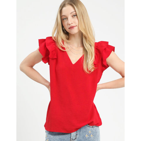 Women Wearing a Solid Red Double Ruffle Short Sleeve Blouse