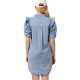 Back view of model wearing the Indigo Denim Button Ruffle Sleeve Dress.
