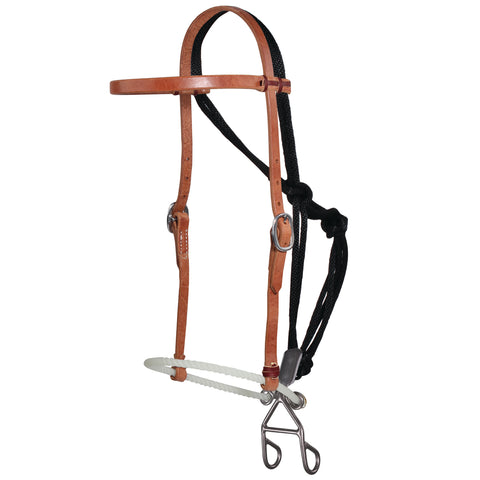 Leather headstall with rope nose band and solid metal plate on white background.
