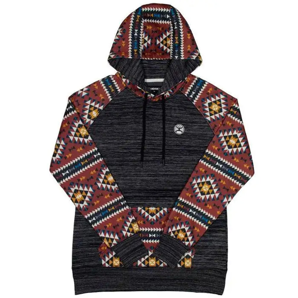 Charcoal Grey hoodie with Red aztec sleeves, hood, and pouch