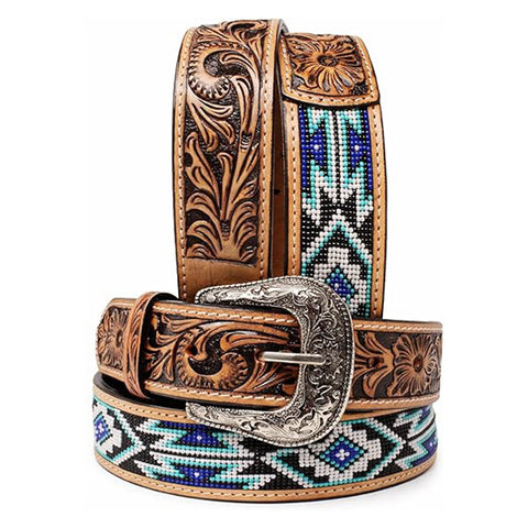 Men's Western Antique Floral Tooled Beaded Belt from Challenger Horse Wear 