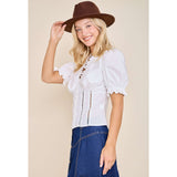 Side view of a model wearing the White Romance Ruffle V‑neck Puff Sleeve Blouse, highlighting the puff sleeve shape, ruffle trim, and soft drape.
