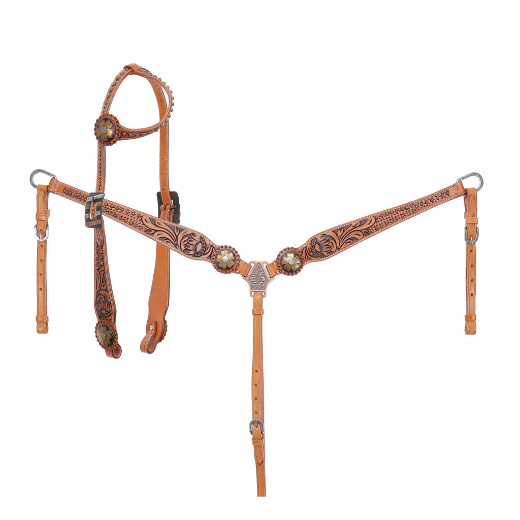 medium oiled leather headstall and breast collar with floral tooling and antiqued conchos adorned with copper flower centers