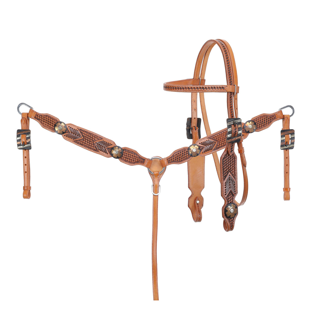 headstall & breast collar in light oiled leather with basketweave tooling and rawhide stitched accents