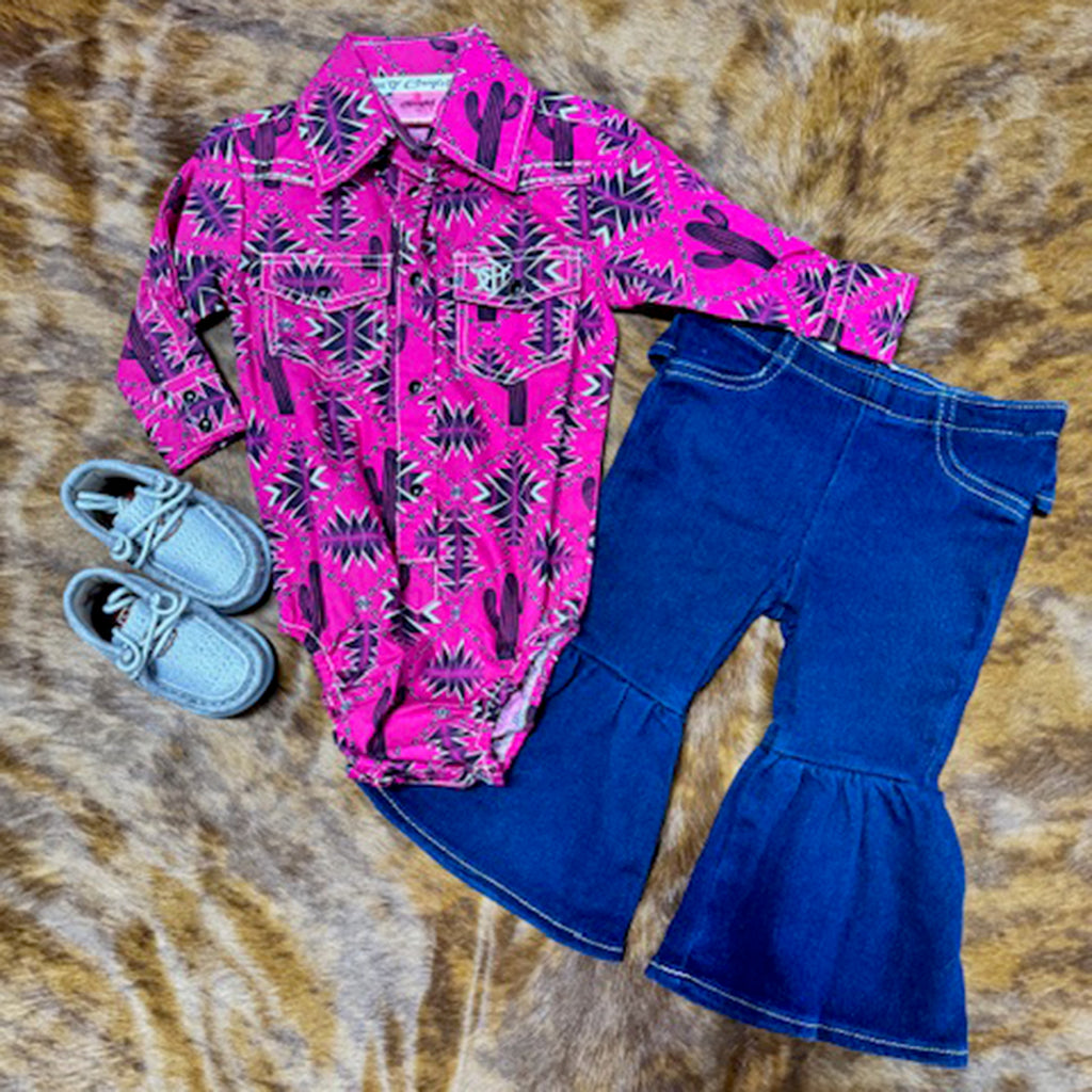 Infants Pink Aztec Pearl Snap laying with Jeans and Shoes