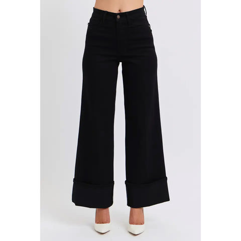 Front View of High Waisted Cuffed Black Jeans