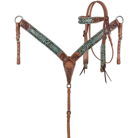 Full view of Showman Rustic Rose Browband Headstall & Breast Collar Set