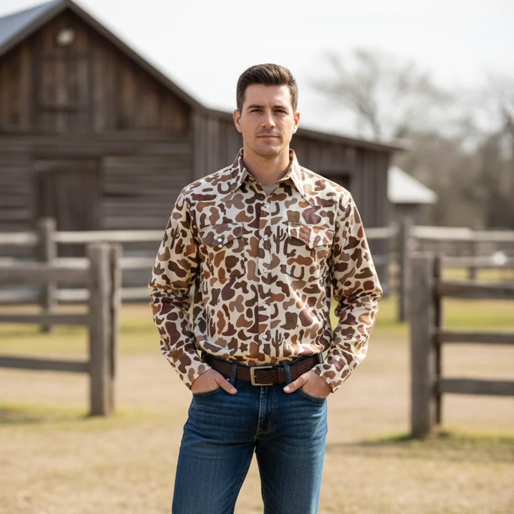 Full front side view of Men's Camo Long Sleeve Shirt 
