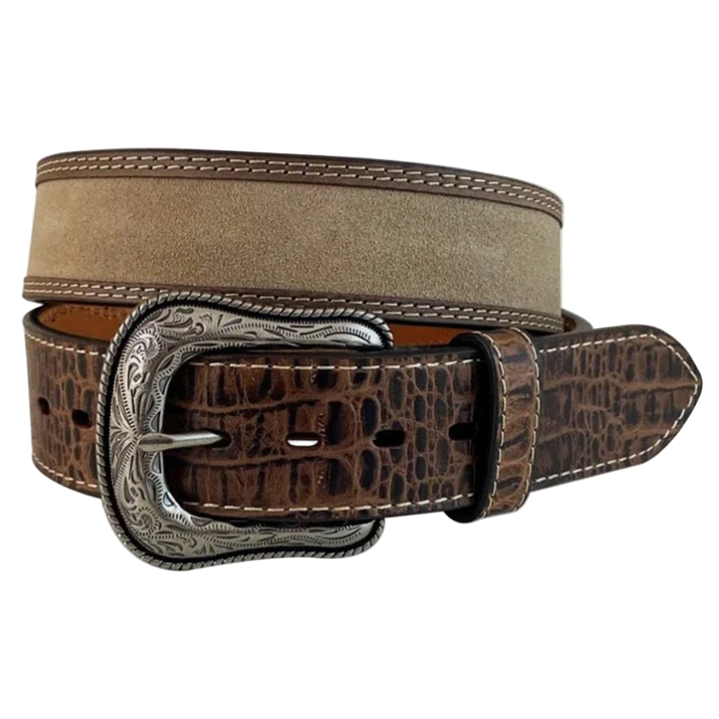 Tan croco suede belt with crocodile-embossed texture