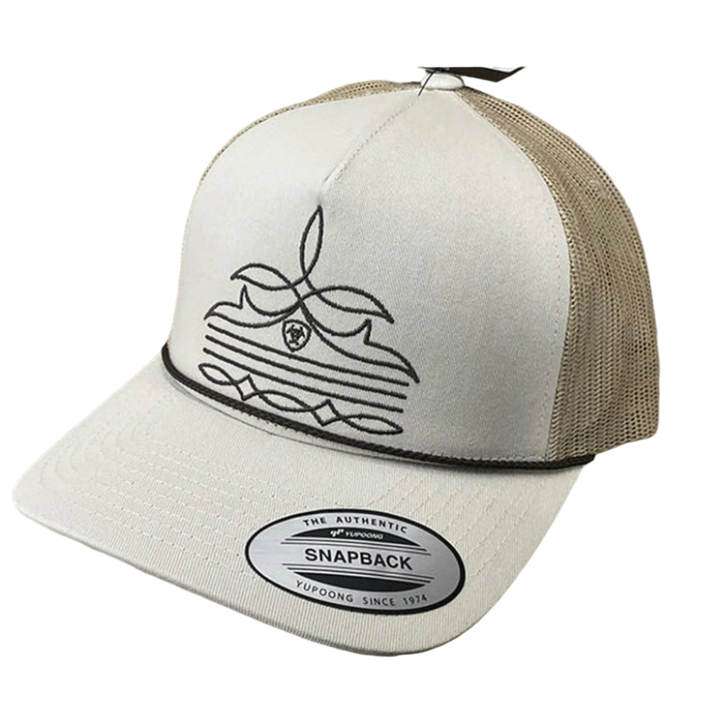Tan Mesh Back Cap with Boot Stitch Design, Ariat Logo and Rope Detail