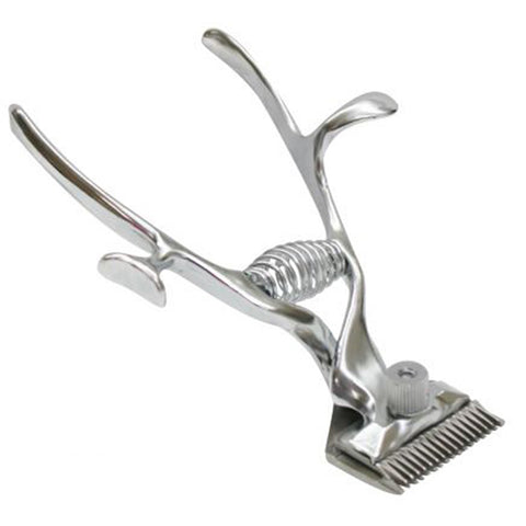 Hand spring-operated horse clipper with ergonomic handle and compact design