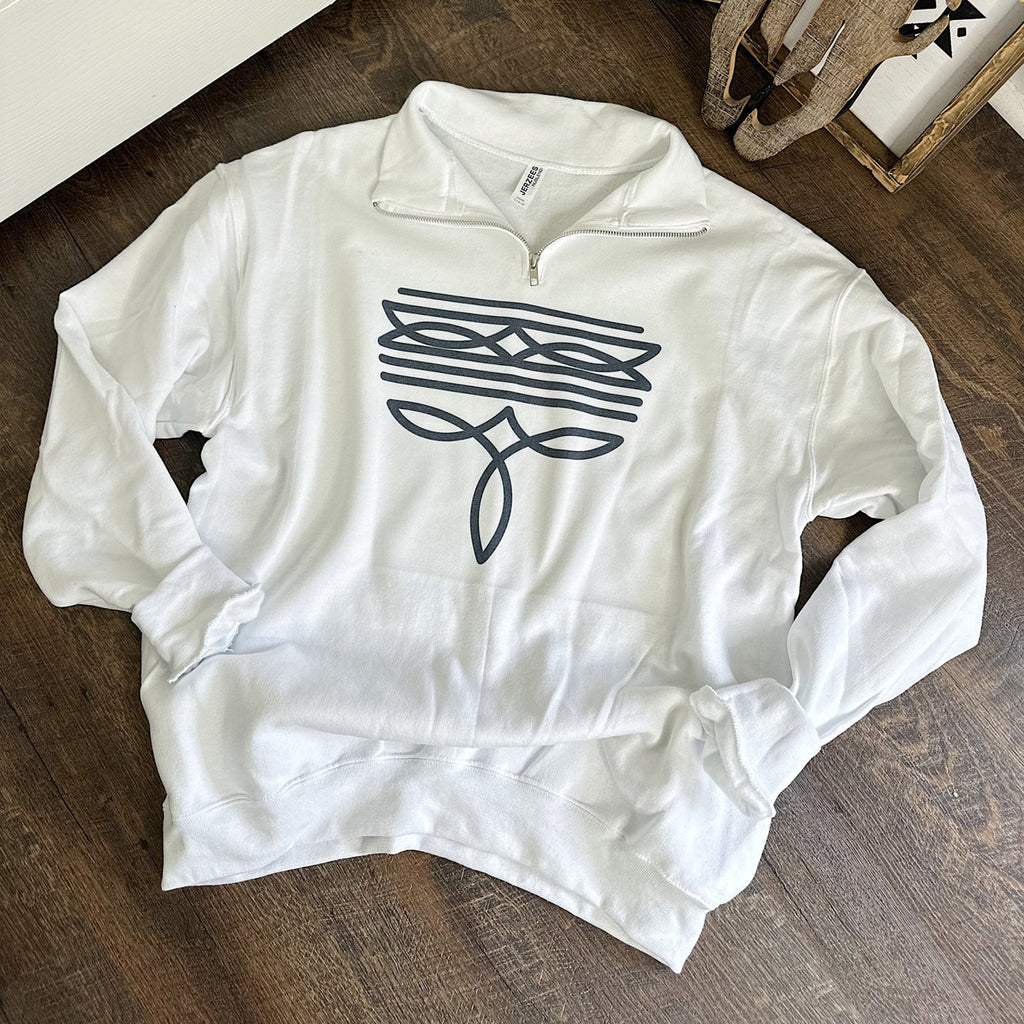 White quarter zip sweatshirt with navy blue printed boot stitch design on the front. 