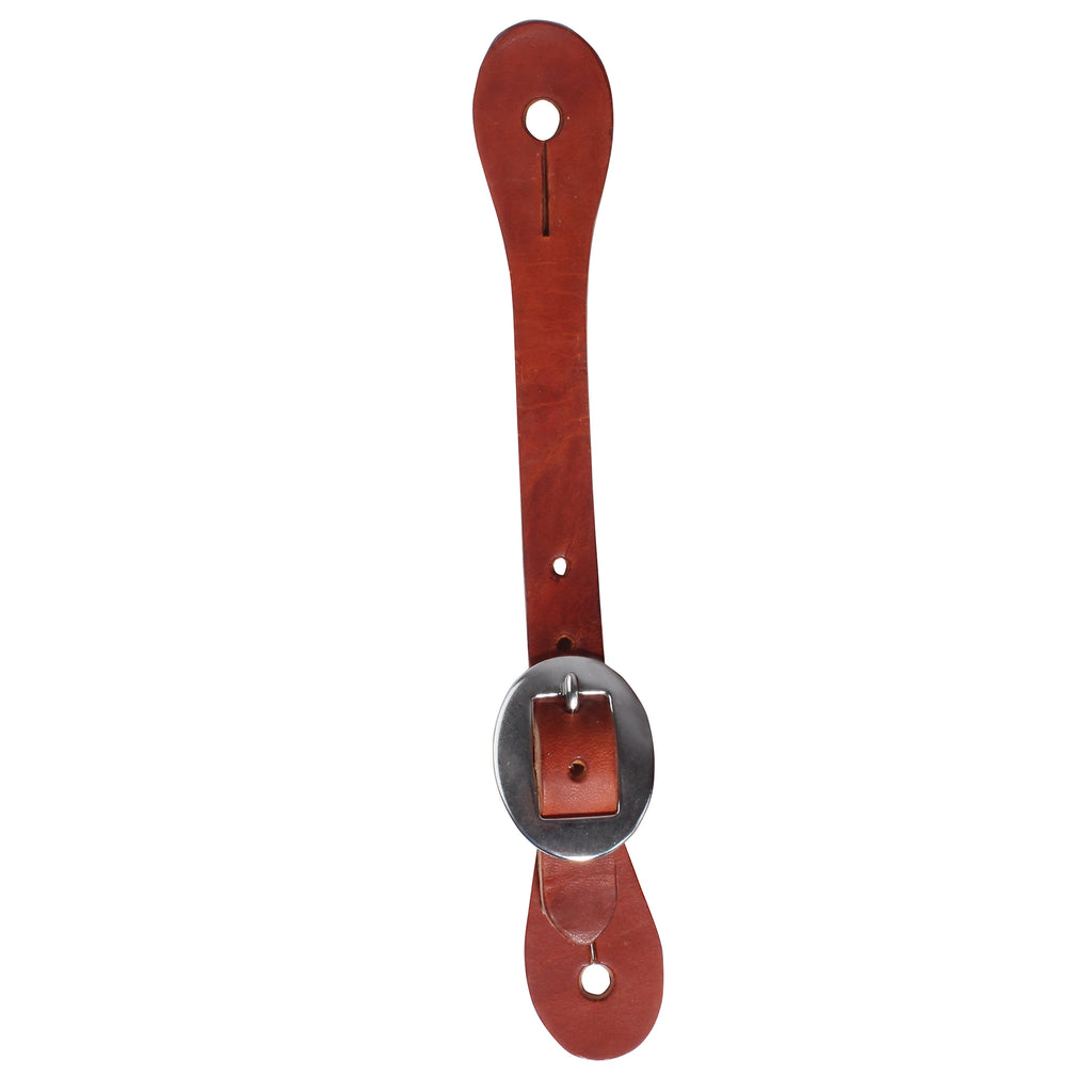 Plain leather spur strap with silver buckle on white background.