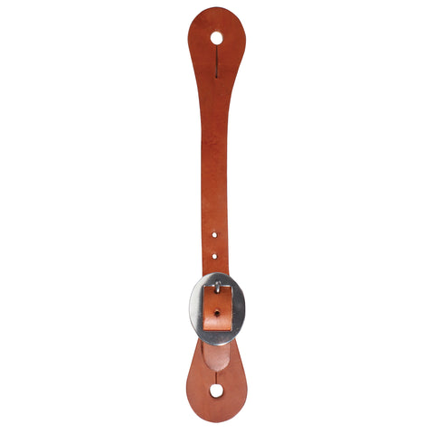 Brown leather spur strap with metal buckle on a white background