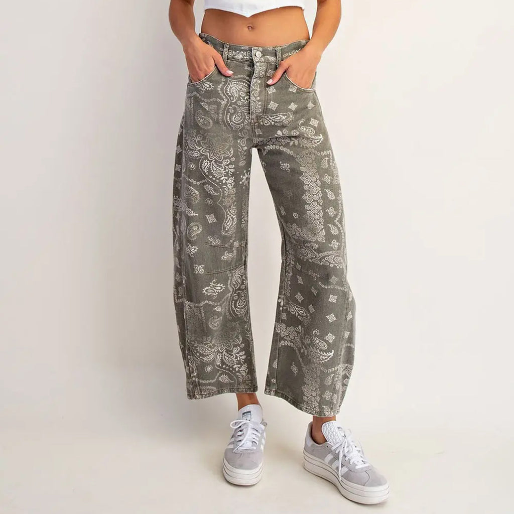 Army green barrel jeans with white faded paisley bandana print. 