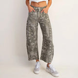 Army green barrel jeans with white faded paisley bandana print. 