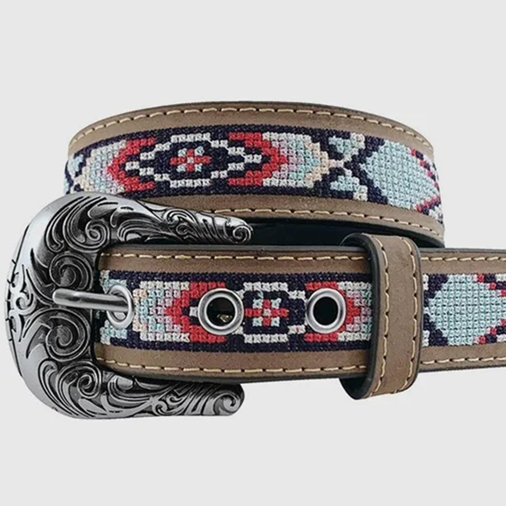 Leather belt with embroidered Aztec designs metal grommets on point end holes, buckle in antique silver finish.