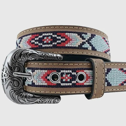Leather belt with embroidered Aztec designs metal grommets on point end holes, buckle in antique silver finish.