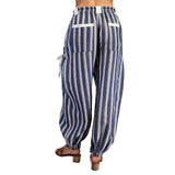 Back view of a model wearing navy and gray striped pants, showing the relaxed drape and classic navy‑and‑gray stripe design.