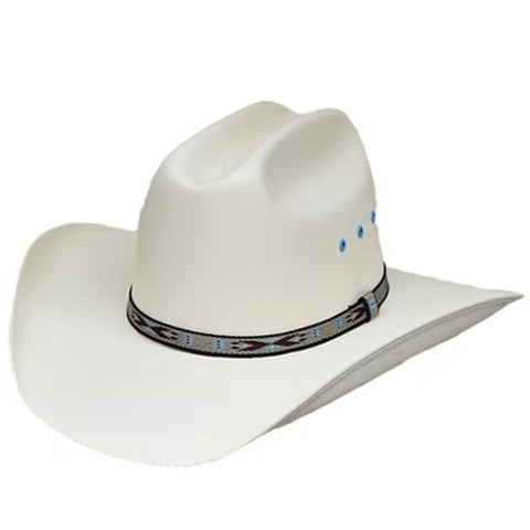 White cowboy hat with a band on a white background