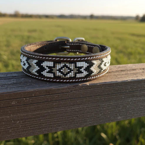 Leather black, tan, white, beaded Aztec dog collar.