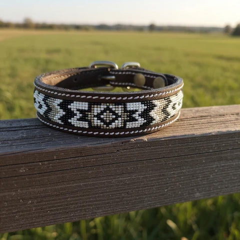 Leather black, tan, white, beaded Aztec dog collar.