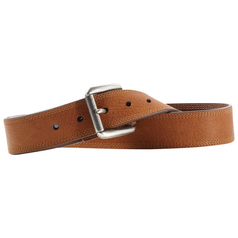 men's triple stitched tan leather belt with silver buckle