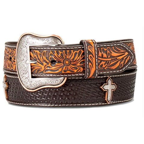 Basketweave Sunburst Cross Belt Brown Black