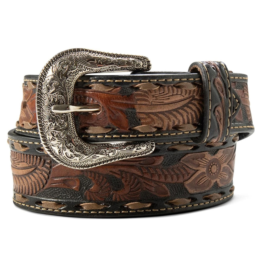 Kids brown & black hand tooled belt with silver etched buckle