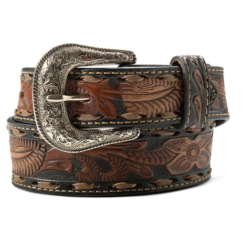 Kids brown & black hand tooled belt with silver etched buckle