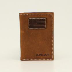 Front view of the brown Ariat trifold wallet with an American flag patch centered near the top. 