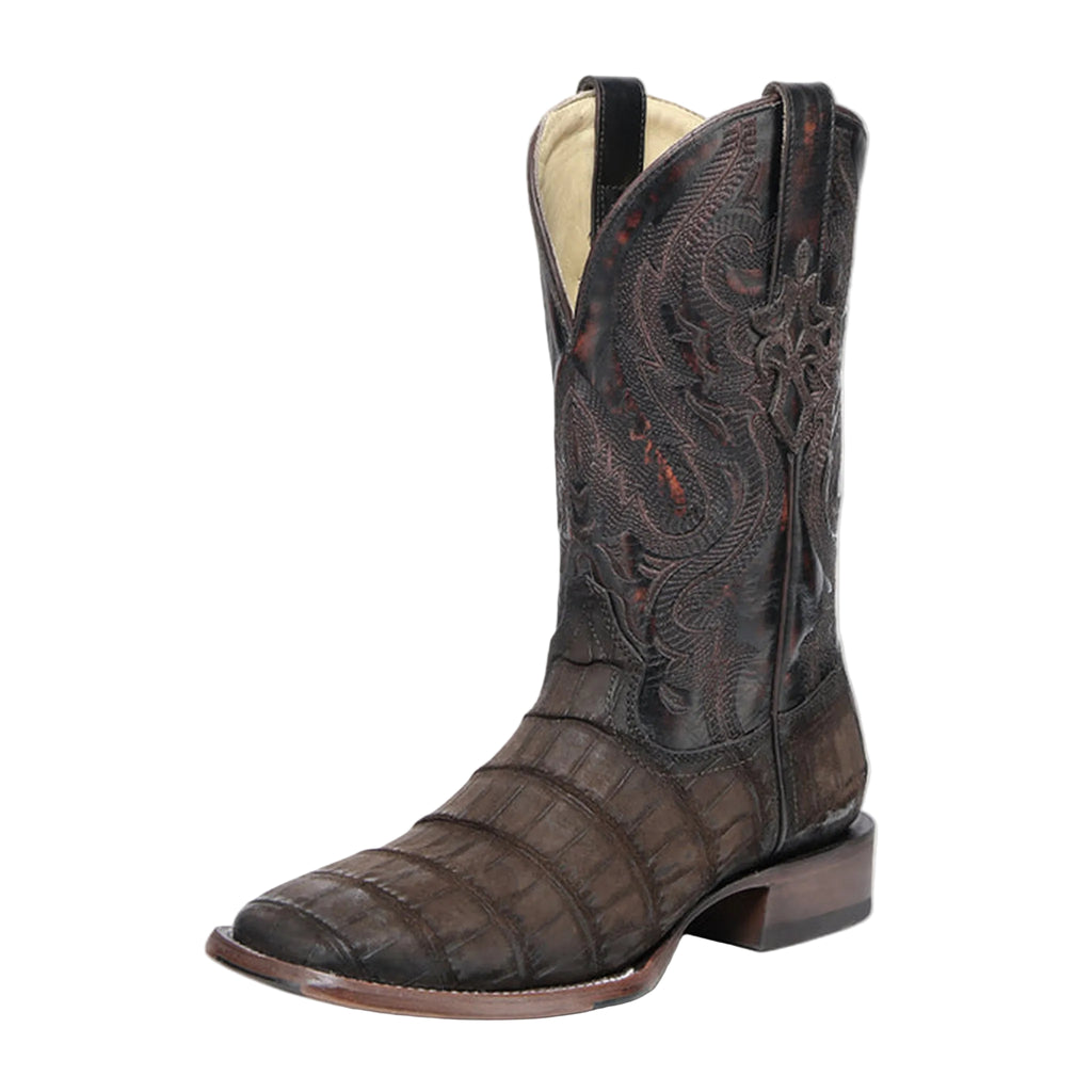 MEN'S CHOCOLATE ALLIGATOR EMBROIDERY AND WOVEN SHAFT WIDE SQUARE TOE LEATHER SOLE WITH RUBBER INSERT COWBOY BOOT