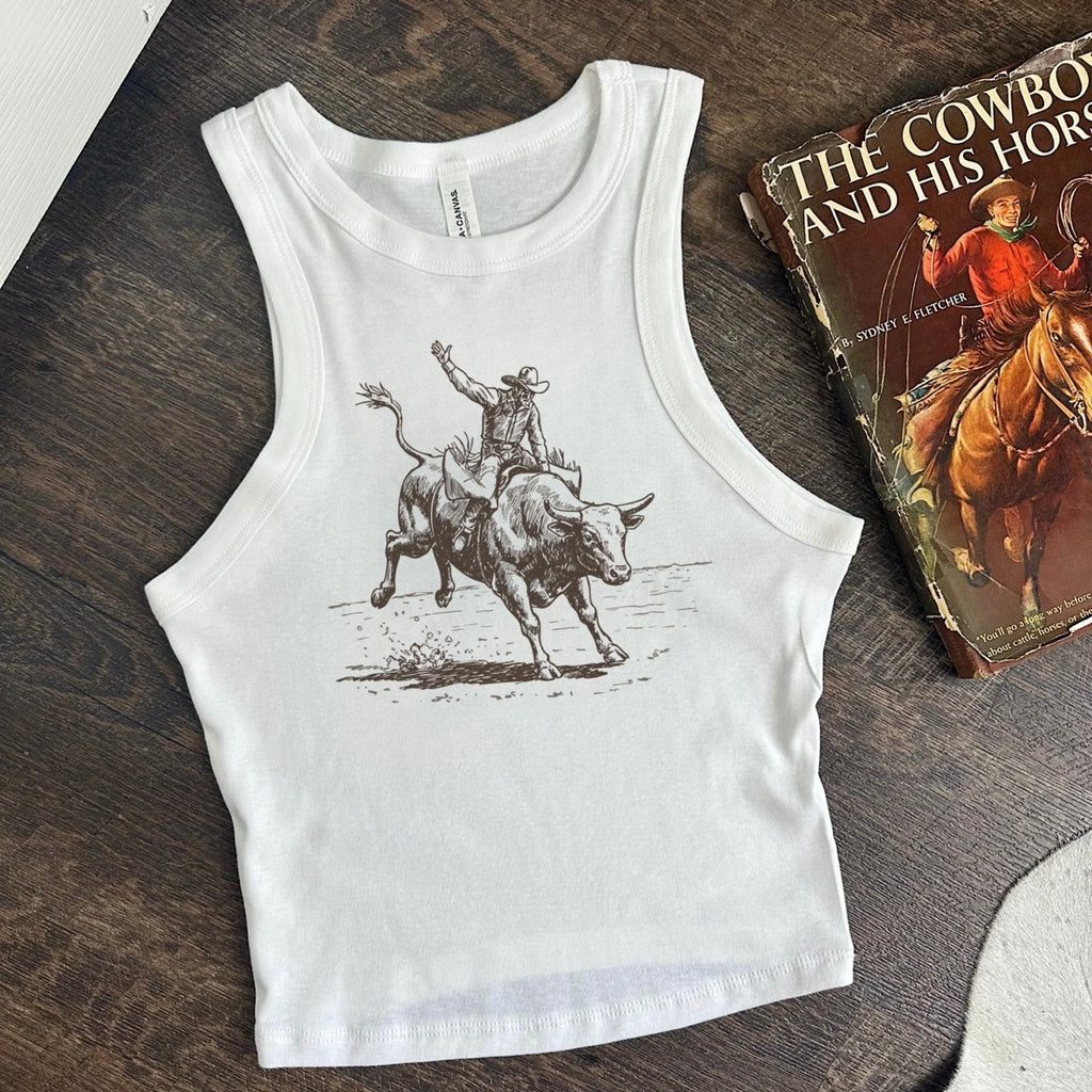 White cropped tank top with grey vintage bull rider motif. 