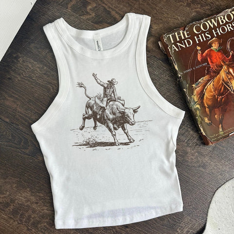 White cropped tank top with grey vintage bull rider motif. 