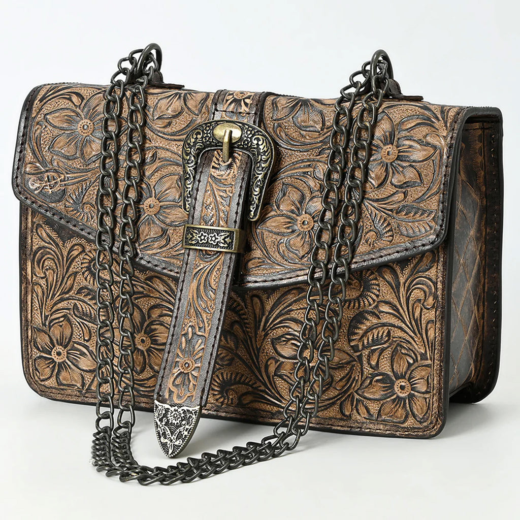  Western Hand-Tooled Leather Crossbody Bag with Buckle Strap & Chain - Floral Tooled Design