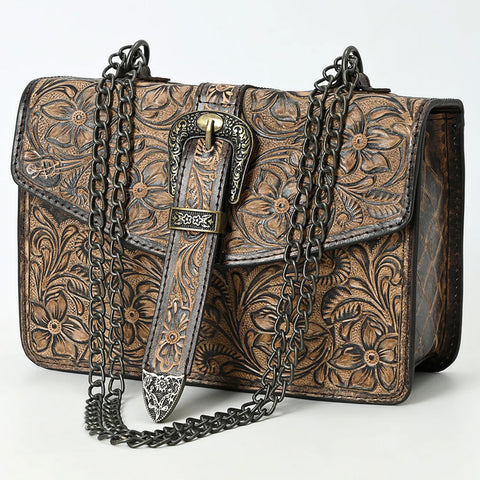  Western Hand-Tooled Leather Crossbody Bag with Buckle Strap & Chain - Floral Tooled Design