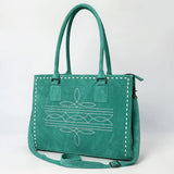 Turquoise Square Tote bag with white boot stitch. Matching straps