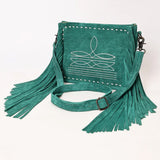 Teal Boot Stitch Mini Tote with teal fringe and White boot stitching