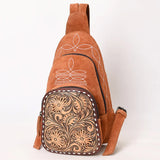 Suede purse with white boot stitch and floral tooling pocket