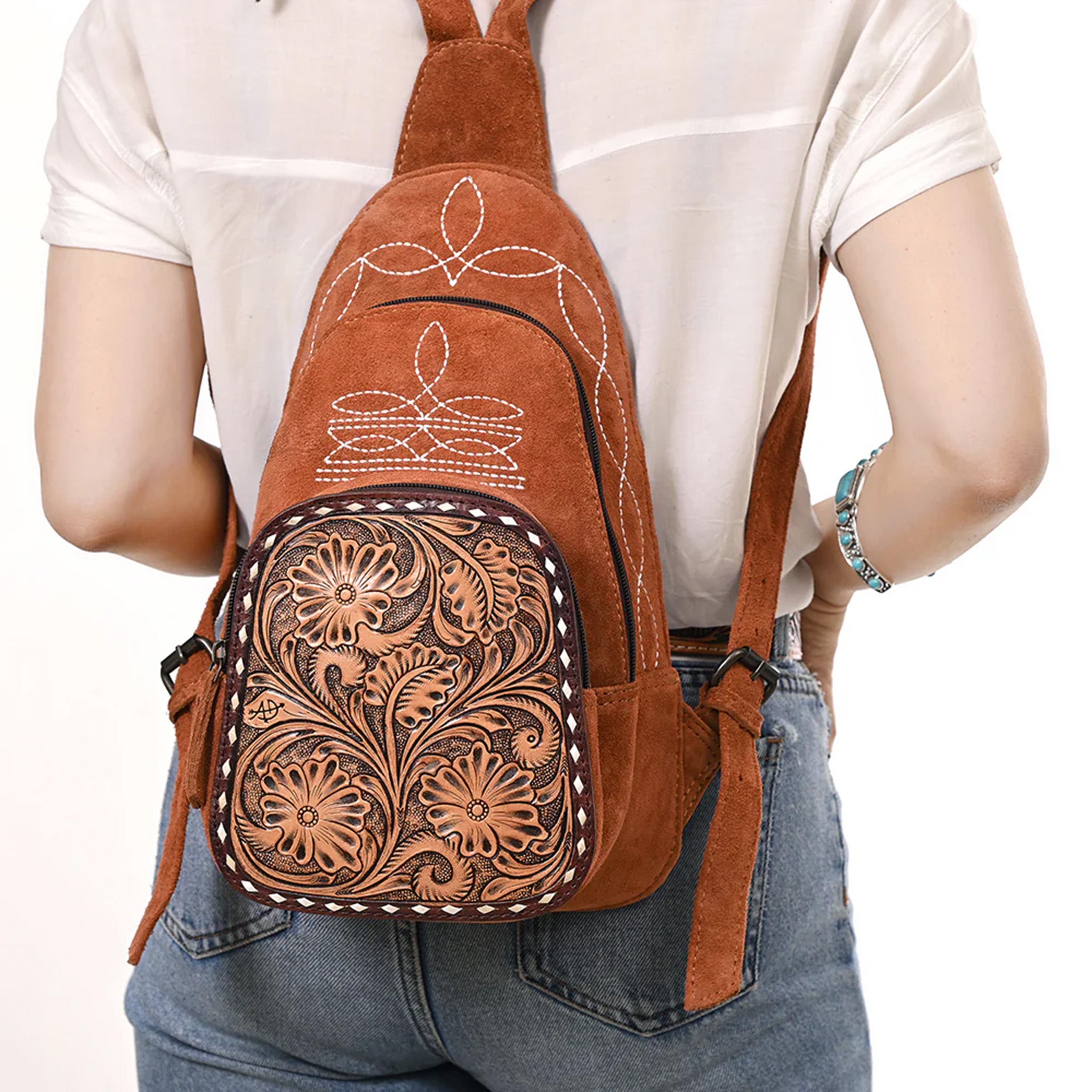 American Darling Suede Boot Stitch Sling Backpack