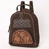 Brown Leather Backpack with white boot stitch and tooling pocket