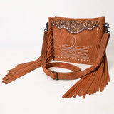 size view of purse with fringe and long shoulder strap