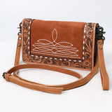 Brown Suede Clutch Style White Boot stitch and hand tooled leather edge Angle View