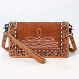 Brown Suede Clutch Style White Boot stitch and hand tooled leather edge