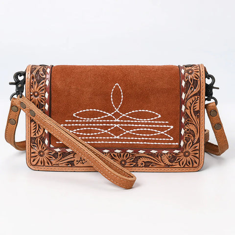 Brown Suede Clutch Style White Boot stitch and hand tooled leather edge