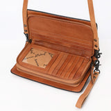 Brown Suede Clutch Style White Boot stitch and hand tooled leather edge Showing Card Slots