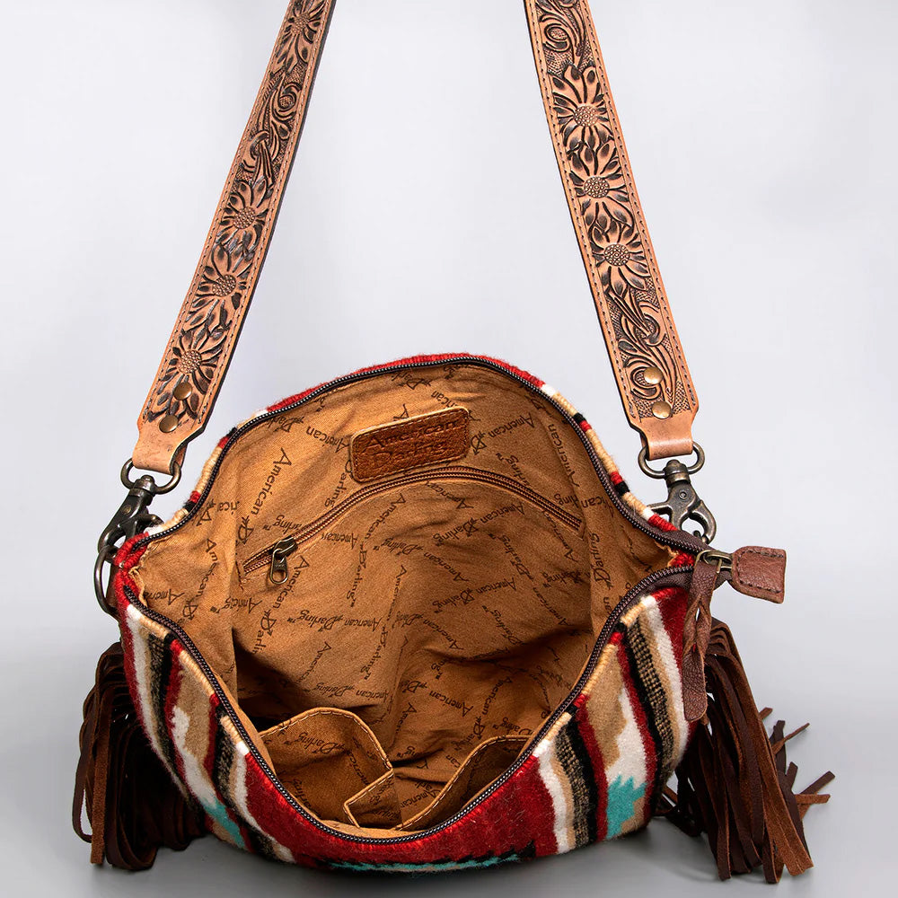 American Darling Saddle Blanket & Tooled Leather with Fringe Shoulder Bag Purse ADBGZ595B